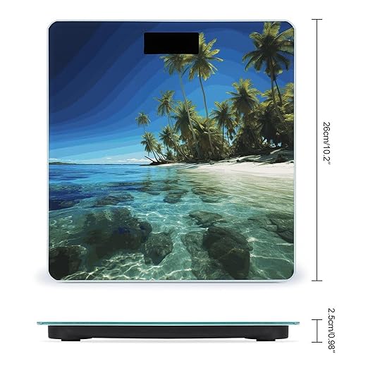 Palm Trees and Clear Sea Scale for Body Weight Anti-Slip Digital Bathroom Scale Sturdy Toughened Glass Weighing Scales High Precision Safe Rounded Corners Smart Scales
