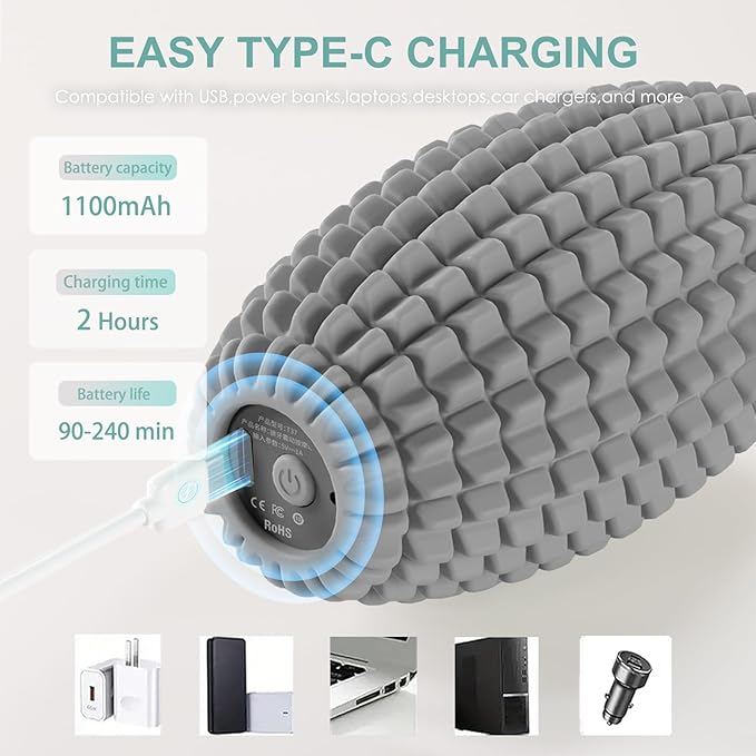 Vibrating Massage Ball for Muscle Recovery Silicone Myofascial Massage Ball Plantar Fasciitis ReliefHip &amp Psoas Release Deep Tissue &amp Trigger Point Roller for Neck Back Foot (Gray)