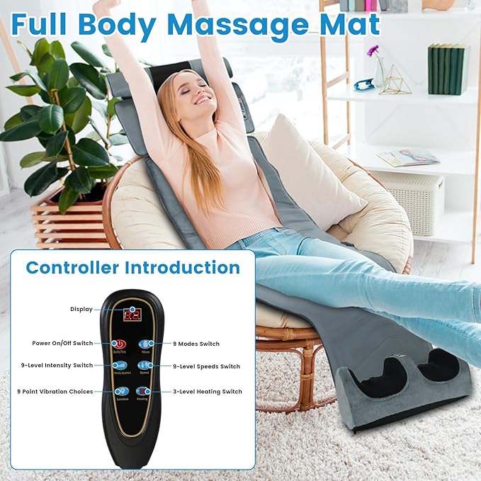 Full Body Massage Mat with HeatElectric Massage Pad W/ Detachable Neck Massager&ampFoot Massager3 Heated Levels 10 Vibrating Nodes W/Inflatable Head Pillow Lumbar PillowTimer Earplugs for Home Use