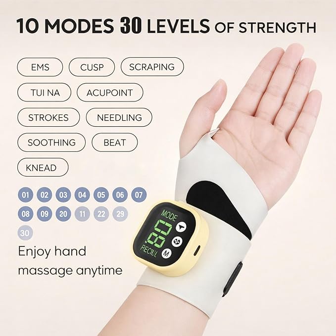 Rechargeable Electric Wrist Massager Portable Hand Heating Pad with 8 Modes &amp 30 Intensity Levels Wrist Massage Machine Wearable Hand Heating Pad for Daily &amp Sports (White) (Navy Blue)