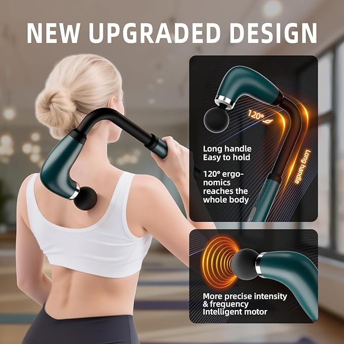 Massage Gun with Upgraded Extension HandleBack Massage Gun Deep TissueBack Massager for Pain Relief for Muscles Neck Shoulders Waist Arm Legs Foot4 Replaceable Heads &amp 9 Speeds (Green)
