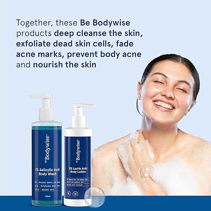 Metrol Be Bodywise 1% Salicylic Acid Bodywash 375 mL with Loofah &amp 5% Lactic Acid Lotion 200 mL for Women | Helps to Prevent Body Acne Cleanses Skin &amp Nourishes Skin | Paraben and SLS Free