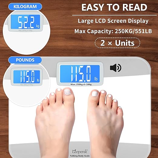LEEPENK Talking Scales for Body Weight Highly Accurate Digital Talking Bathroom Scale with Large LCD Screen Auto On &amp Off Talking Scales for Visually Impaired or Elderly Includes Batteries 55