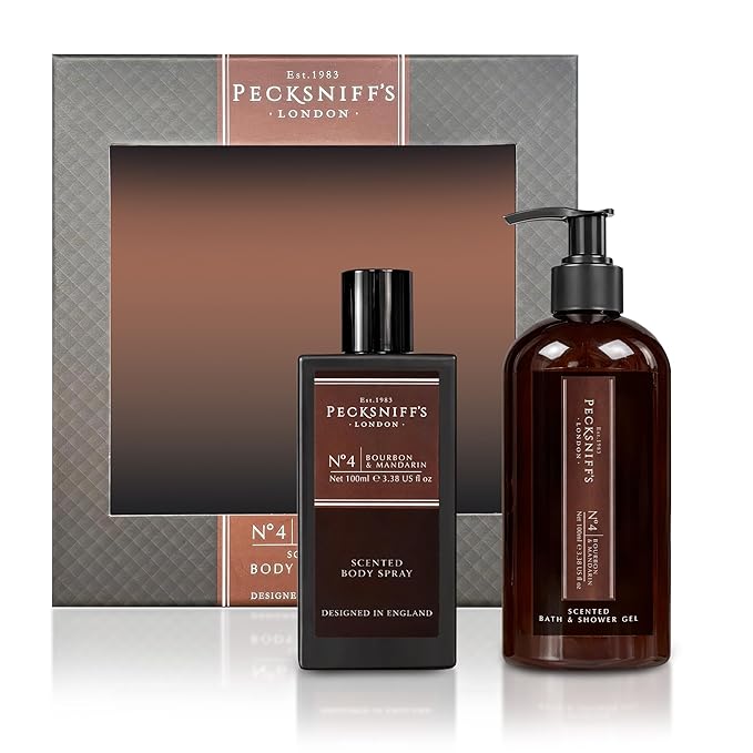 Pecksniff’s Men’s Body Duo Set – Bourbon &amp Mandarin Scented Bath &amp Shower Gel 250ml &amp Body Spray 100ml – Luxury Grooming Gift Set for Him