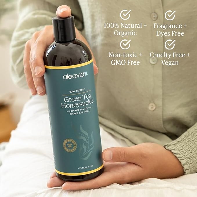 Aleavia Body Cleanse – Organic &amp All-Natural Prebiotic Body Wash with Raw Honey – Green Tea Honeysuckle Scent – 16 Oz.