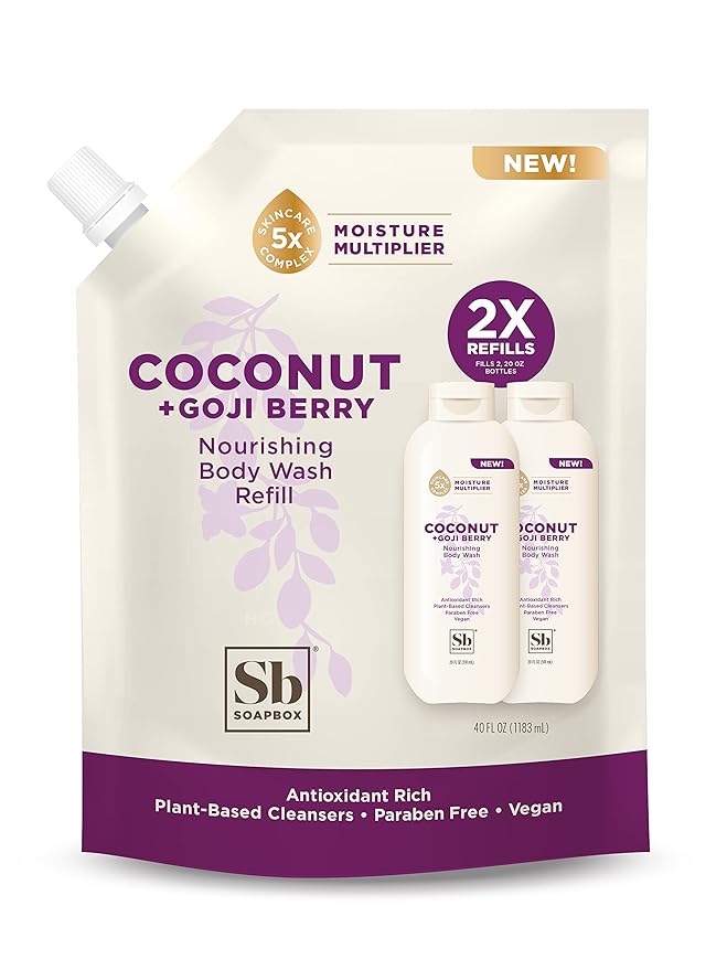 Soapbox Body Wash Refill Coconut + Goji Berry Body Wash Refill Pack Bulk Soap Pouch Vegan + Antioxidant Rich Moisturizing with Shea Butter Peptides &amp Keratin Promoting B3 40oz