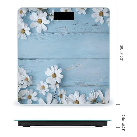 White Flowers Light Blue Wood Weight Scale Large Bathroom Scales Digital Weight with Bright LED Display Non Slip Automatic Weighing Scale Fashion Weighing Machine for Body