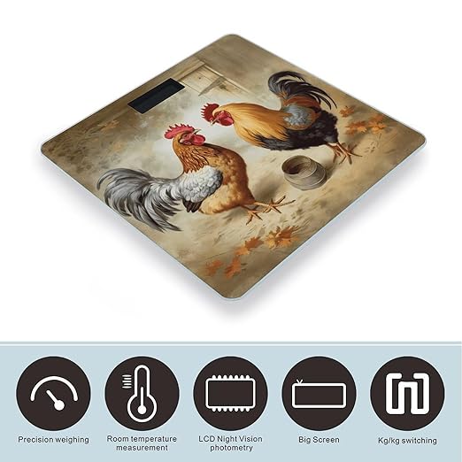Chicken and Rooster Print Bathroom Scale Weight Scale for Body WeightHighly Accurate Digital Weighing Machine Clear LED Display Digital Bathroom Body Scale 400lb/182kg