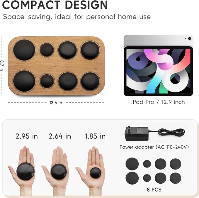 8PCS Hot Stone Massage Set with Warmer –Basalt Stones Massager for Deep Tissue Pain Relief &amp Muscle Relaxation Home Spa Kit with Soothing Ambient Light – Valentine's Day &amp Birthday Gift