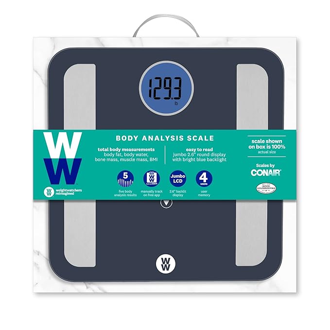 Weight Watchers Scales by Conair BathroomScale for BodyWeightGlass Digital ScaleBody Analysis Measures Body FatBody WaterBMIBone Mass&ampMuscle for 4UsersMeasures Weight up to 400Lbs in Black&a