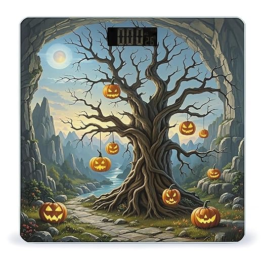 Dried Tree Pumpkin Lantern Bathroom Scale for Body Weight Bathroom Weighing Scales with Back Lit LED Display Sturdy Tempered Glass Body Weight Bathroom Scale 400lb Weighing