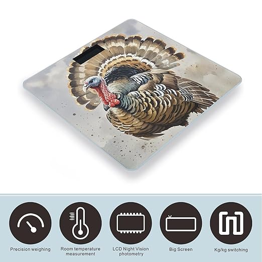 Meleagris Gallopavo Bathroom Scale for Body Weight Bathroom Weighing Scales with Back Lit LED Display Sturdy Tempered Glass Body Weight Bathroom Scale 400lb Weighing