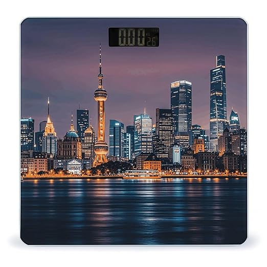 City Picture Night Scale for Body Weight Highly Accurate Digital Bathroom Electronic Weighing Machine for People LCD Display Large Size Tempered Glass for Safe Home Use