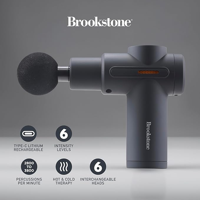 Brookstone - Percussion Massager Cordless Handheld Deep Tissue Muscle Relief Portable Rechargeable Multiple Speeds (Grey)