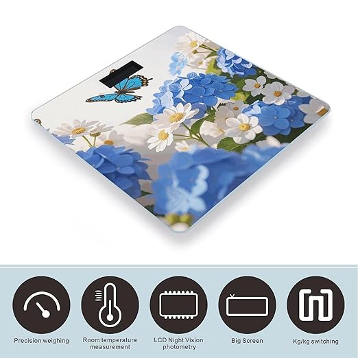 Hydrangeas Daisies Butterflies Scale for Body Weight Sturdy Tempered Glass Weighing Scales with LCD Display Accurate Digital Bathroom Scale Convenient Body Fat Smart Scales Easy Read