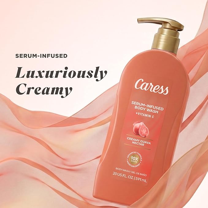 Caress Creamy Guava Nectar Moisturizing Body Wash with Pump Serum-Infused Formula with Vitamin C Fruity Citrus Woody Long Lasting Fragrance Dermatologist Tested 20 fl oz (4 Pack)