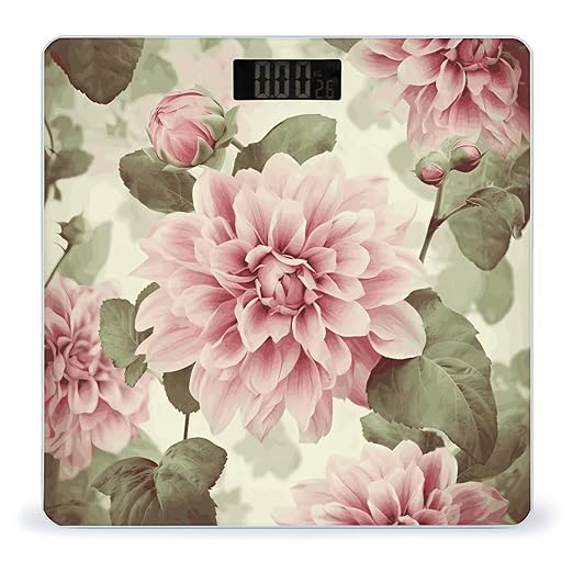 Beautiful Vintage Pink Flower Bathroom Scale Automatic Power On/Off Body Scales LCD Backlight Display Square Digital Scale Rounded Corners Bathroom Scales for Home Bedrooms