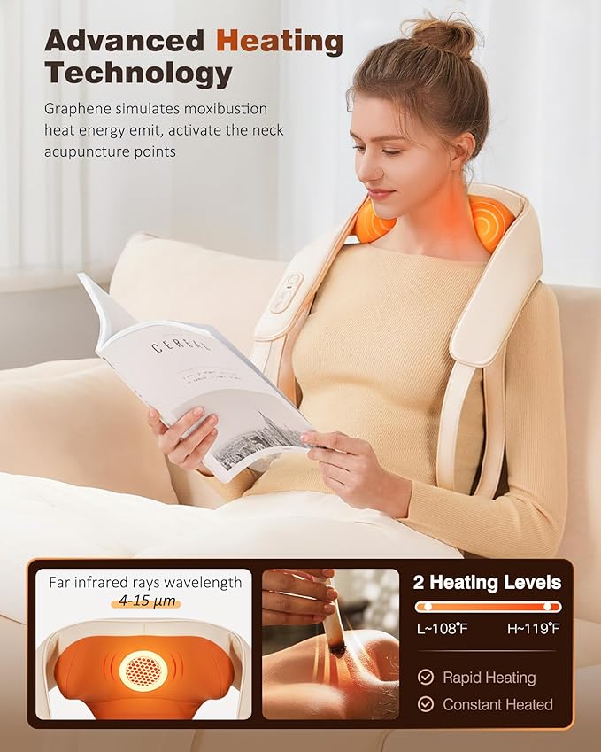 KNQZE Neck and Shoulder Massager with Heat Cordless Back and Neck Massager Upgraded Graphene Heating 4D Shiatsu Deep Kneading Massage for Shoulder Back Pain Relief (Beige)