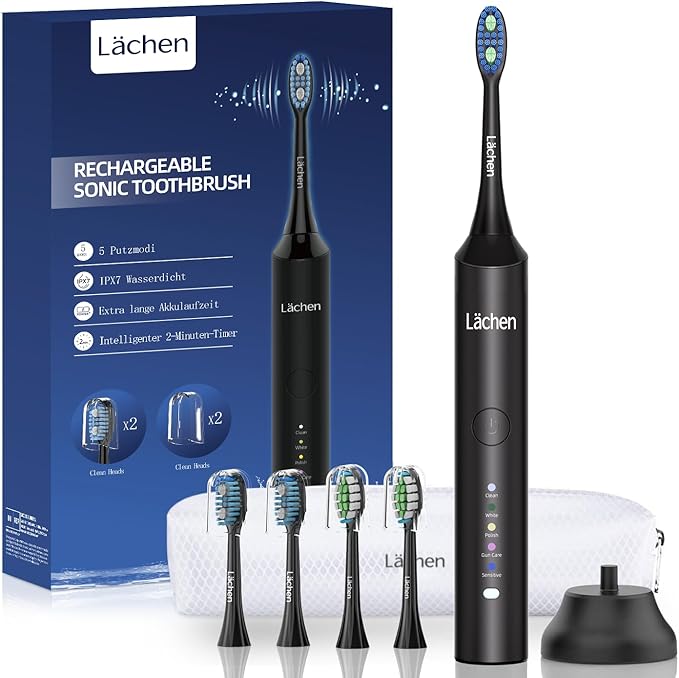 Lächen Electric Toothbrush for Adults – Sonic Rechargeable 5 Modes &amp Smart Timer Travel Case &amp Wireless Charging 4 Brush Heads IPX7 Waterproof (Black)