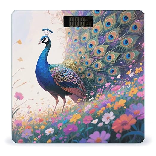 Colorful Peacock in Flower Sea Scale for Body Weight Sturdy Tempered Glass Weighing Scales with LCD Display Accurate Digital Bathroom Scale Convenient Body Fat Smart Scales Easy Read