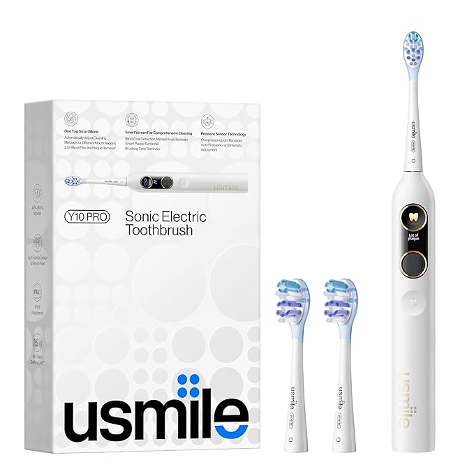 usmile Y10 PRO Rechargeable Electric Toothbrush with Smart Display Missed Spot Detection Pressure Sensor 180-Day Battery Life IPX8 Waterproof Travel-Friendly with 2 Brush Heads