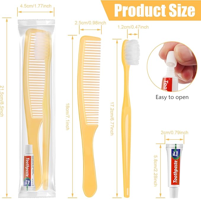 NICEMOVIC 120 Pack Disposable Toothbrushes Bulk with Toothpaste and Comb Travel Size Toothpaste Set Homeless Care Package Supplies Bulk for Individually Wrapped Disposable Travel Hotel Charity Yellow