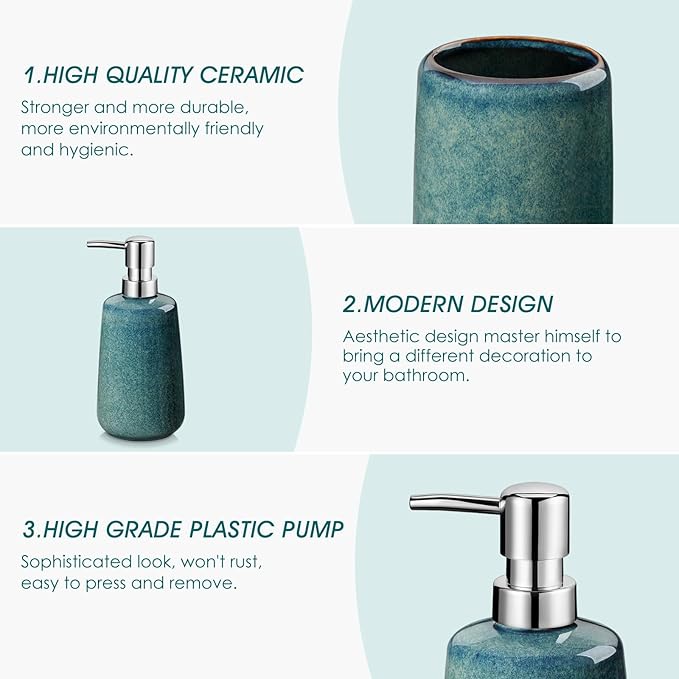 vancasso Green Bathroom Accessories Set Ceramic Soap Dispenser and Toothbrush Holder Sets Stoneware 4 Pcs Bathroom Sink Set for Modern Home Decor Series Starry