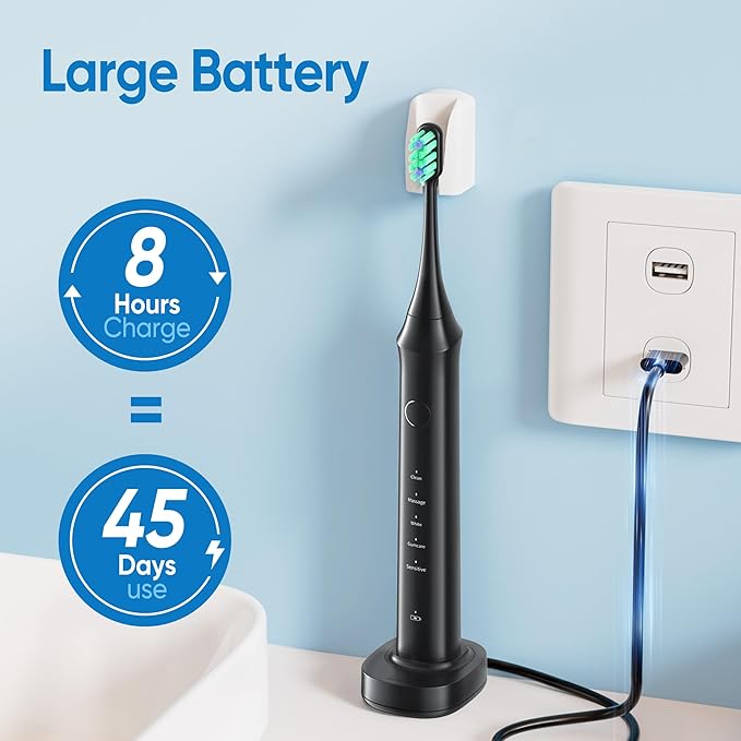 bluelk Electric Toothbrush for Adults and Kids- Sonic Toothbrush with 6 Brush Heads in 3 Types Rechargeable with 5 Modes and Built-in Smart Timer Hsa Store Eligible Items