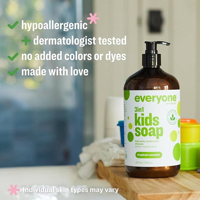 Everyone 3-in-1 Kids Soap Body Wash Bubble Bath Shampoo 32 Ounce (Pack of 2) Tropical Coconut made with Essential Oils for Toddlers tweens and teens