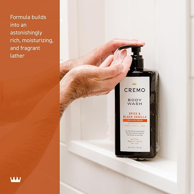 Cremo Rich-Lathering Spice &amp Black Vanilla Body Wash for Men Notes of Spices Dark Woods and Black Vanilla 32 Fl Oz(Pack of 2)