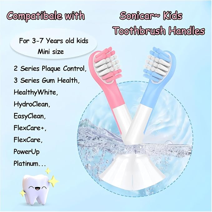 Kids Replacement Toothbrush Head Compatible with Philips HX6032/94HX6320HX6340HX6321HX6330HX6331 Replacement Brush Heads for 3-7 Years Old Kids (Mini Size)(4pcs Blue+4pcs Pink)