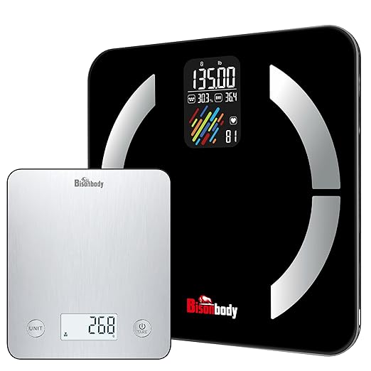 Smart Body Composition Scale &amp Digital Kitchen Food Scale Combo with App – Bluetooth Bathroom Weight Scale BMI Body Fat Muscle Mass – Nutrition Food Scale for Calories Macros Grams &amp Ounc