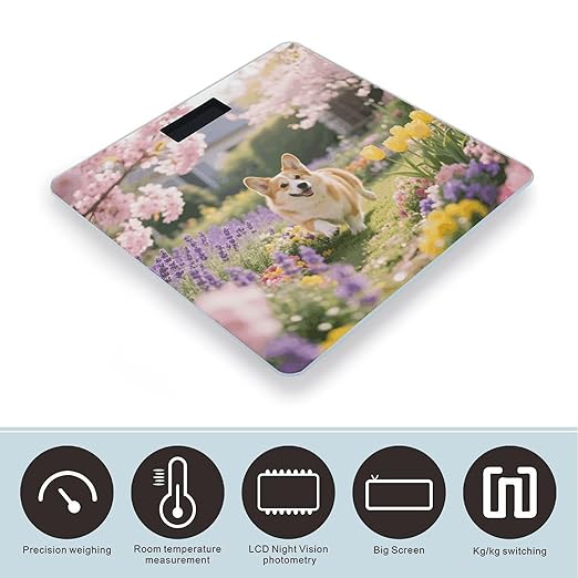 Corgi Floral Flower Weight Scale Cute Bathroom Scale for Body Highly Accurate Digital Weighing Machine for People Compact LCD Display Scales with Sturdy Toughened Glass Scales