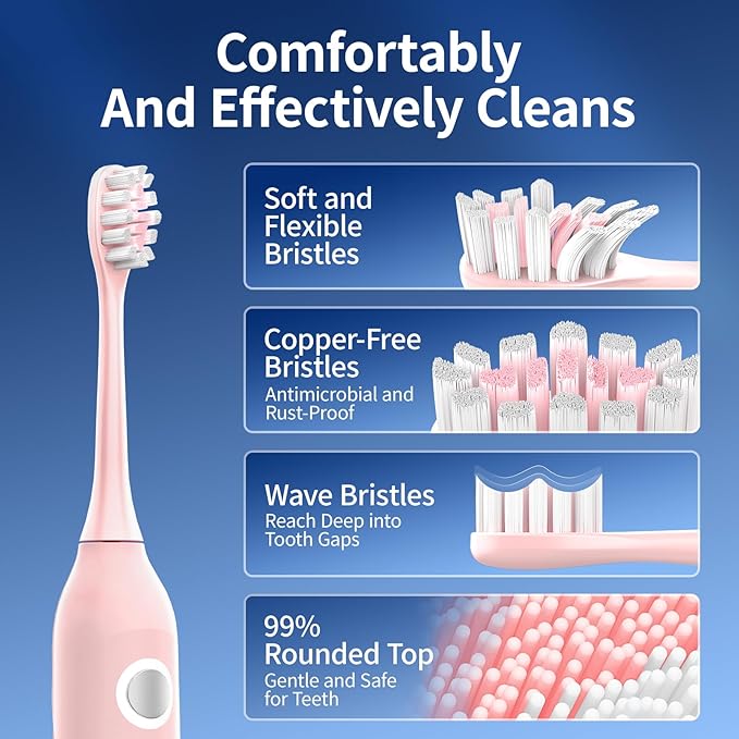 Sonic Vibrating Toothbrush with Pressure Sensor Pink Electric Toothbrush with 8 Brush Heads 3 Modes 33000VPM 2-Min Timer One Charge Lasts for 30 Days 3D Rounded Soft Bristles IPX7 Waterproof