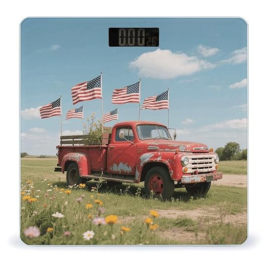 4th of July Patriotic Old Red Truck Weight Scale Large Digital Bathroom Scales with Bright LED Display Non Slip Digital Scale and Step On Fashion Weighing Machine for Body