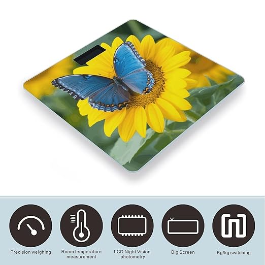 Sunflower Blue Butterfly Scale for Body Weight Sturdy Tempered Glass Weighing Scales with LCD Display Accurate Digital Bathroom Scale Convenient Body Fat Smart Scales 400lb