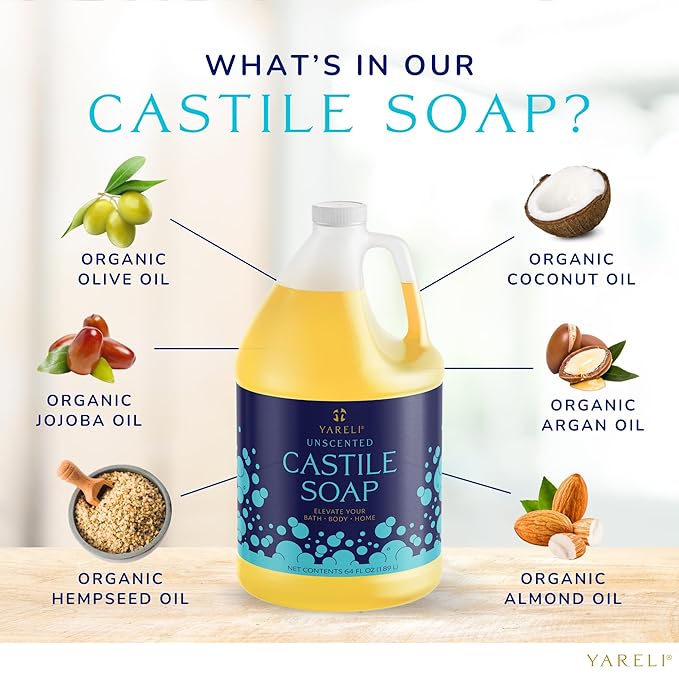 YARELI Pure Castile Soap Liquid Unscented with All Organic Oils for Adults Kids and Babies as Body Wash or Hand Soap 64oz Refill