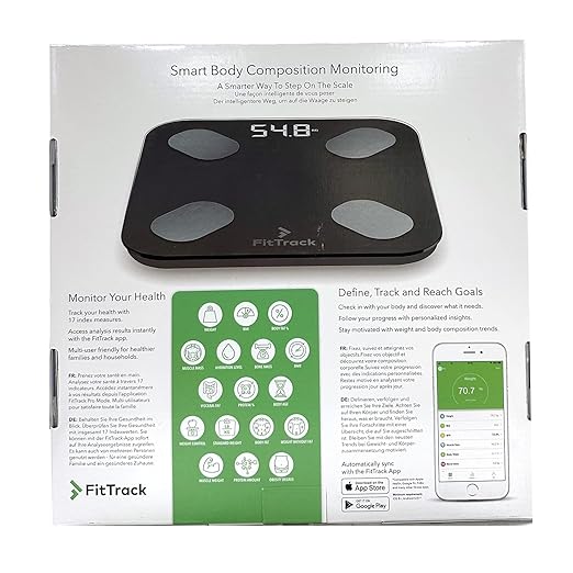 FitTrack Dara Smart BMI Digital Scale - Measure Weight and Body Fat - Most Accurate Bluetooth Glass Bathroom Scale (Black)