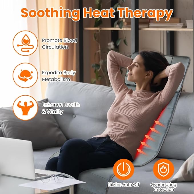 Full Body Massage Mat with Heat Electric Vibration Back Massage Pad with Shiatsu Detachable Neck Massage Pillow for Pain Relief 10 Vibration Motors 3 Heating Levels Gifts for Men Women