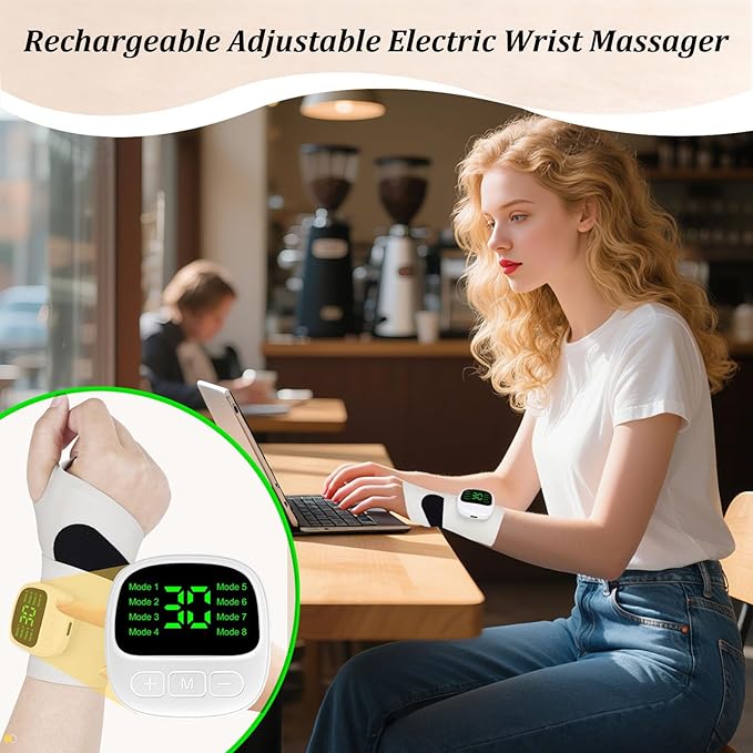 Rechargeable Electric Wrist Massager Rechargeable Heating Pad with 8 Modes &amp 30 Intensity Levels Ergonomic Wearable Design for Sports &amp Daily Use (White)