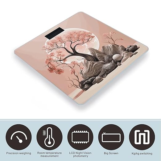 Peach Tree Plant Scale for Body Weight Anti-Slip Digital Bathroom Scale Sturdy Toughened Glass Weighing Scales High Precision Safe Rounded Corners Smart Scales