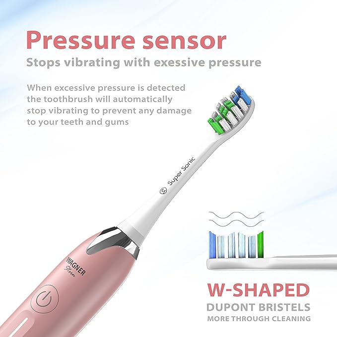 Wagner Stern Ultrasonic whitening Toothbrush with Pressure Sensor. 5 Brushing Modes and 4 Levels of Intensity 8 Soft bristles Travel case.