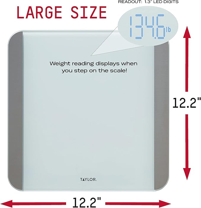 Taylor Glass Digital Bathroom Scale for Body Weight with Motion and Light Sensors Bright LED Display 440 lbs White