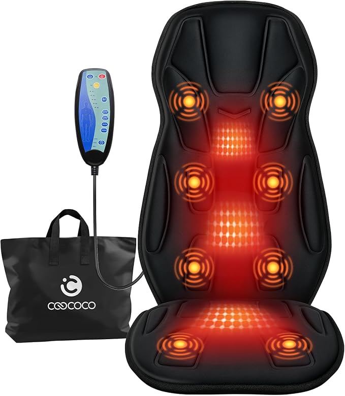 CooCoCo 8 Motors Massage Seat Cushion Upgraded 2X Larger Heating Back Massager with Heat 5 Modes &amp Auto Off Back Massage Chair Pad for Home Office Use for Women Men Dad Mom