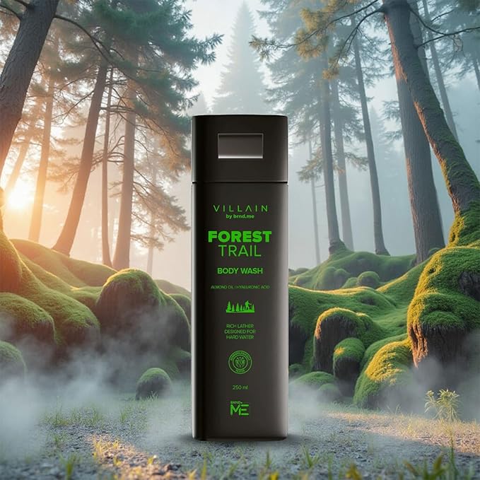 Villain Forest trail Body Wash Infused with Hard Water Softener Shower Gel for Men Hyaluronic Acid Almond Oil Vitamin E Hydrating and Moisturizing Skin Friendly Paraben Free Vegan Body Cleanser