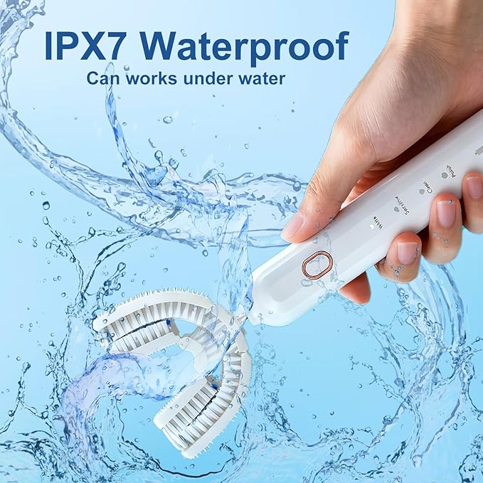 Ultrasonic U-Shaped Toothbrush for Adults Electric Toothbrush has 23760 Nylon BristlesAutomatic 360-degree Cleaning and Waterproof IPX7 4 Modes for Teeth Whitening (White)