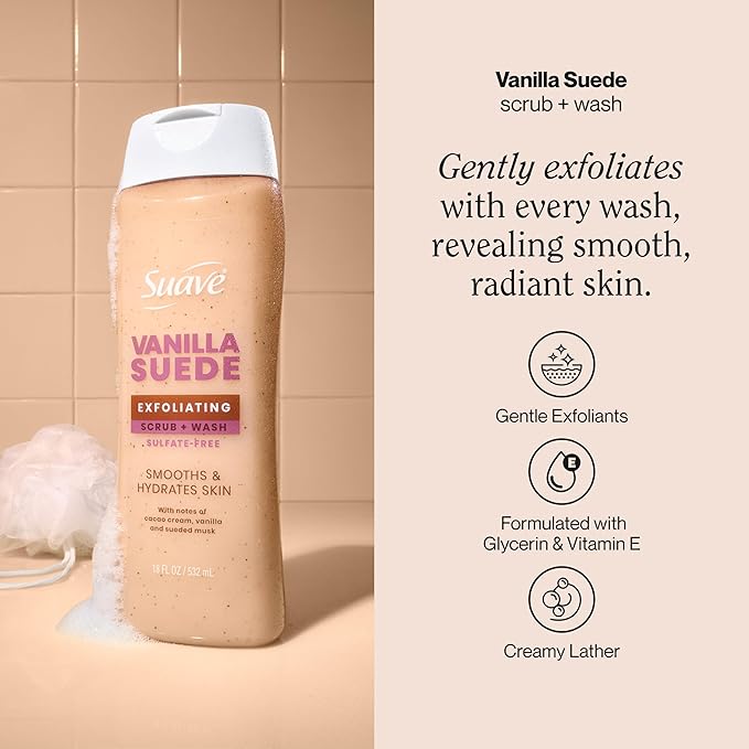 Suave Vanilla Suede Exfoliating Body Wash &amp Scrub with Glycerin &amp Vitamin E Sulfate-Free Hydrating Cleanser for Soft Smooth Skin 6 Count 18 FL OZ