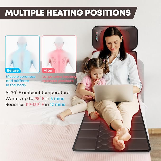Massage-Mat Detachable Neck Massager Full Body Vibration Heating Massage Pad with 10 Vibrating Motors and 9 Speed Settings for Home Office Use Brown