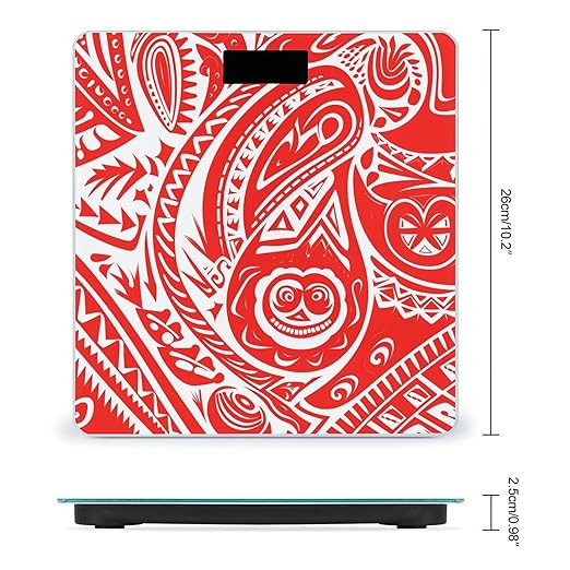 White and Red Tribal Pattern Scale for Body Weight Anti-Slip Digital Bathroom Scale Sturdy Toughened Glass Weighing Scales High Precision Safe Rounded Corners Smart Scales