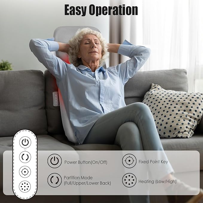 Full Back Massager 3D Pain Relief Deep Tissue Soothing Heating Electric Massage Pillow with Rolling Kneading Nodes for Home Office Car Use Gifts for Mom Dad Women Men